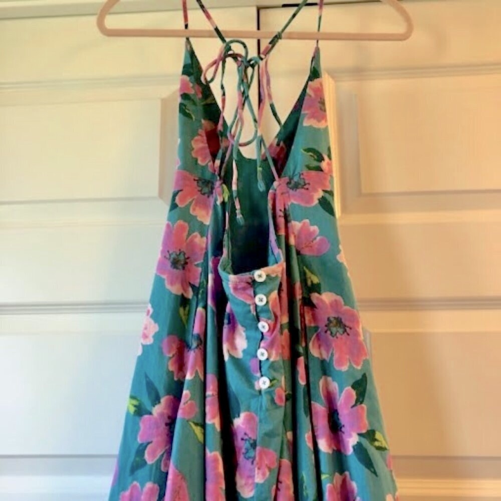 NWT FREE PEOPLE FINER THINGS TEAL FLORAL STRAPPY BOHO MIDI SUNDRESS M - Picture 9 of 10
